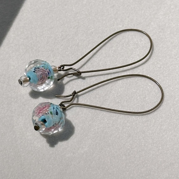 Handmade Burnished Brass Blue & Pink Rose Drop Earrings Kidney Wires Boho Look - Picture 4 of 6